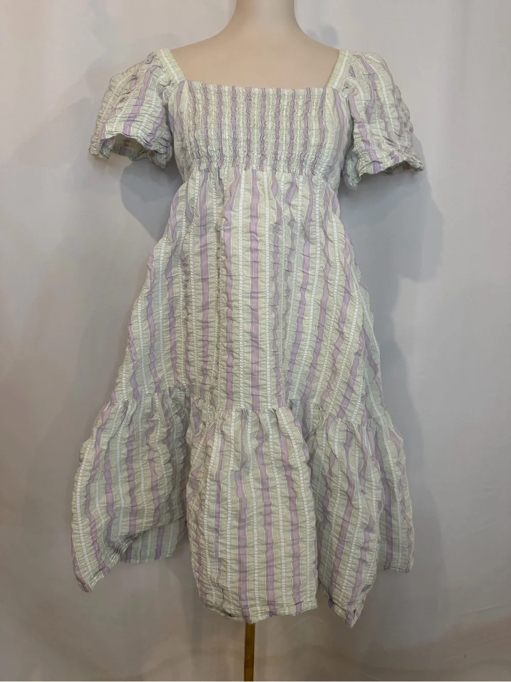 GANNI Pastel Striped Seersucker Midi Dress